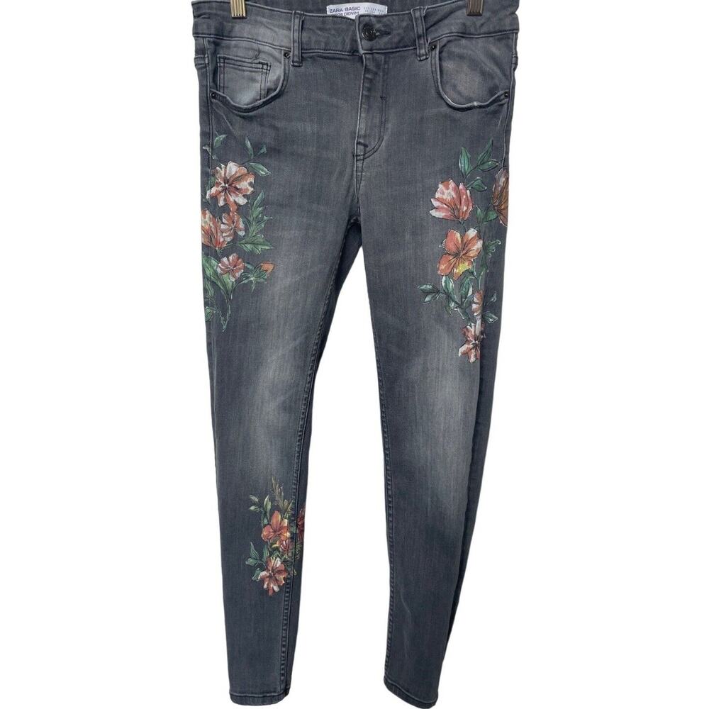 Zara Basic Z1975 Mid-Rise Floral Skinny Jeans Denim Washed Grey Women’s Size 24